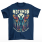 Navy t-shirt of Mothman in a forest with text above THE MAN THE MOTH THE LEGEND MOTHMAN.