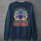 Navy sweatshirt of Mothman with a retro sun background with text "THE MAN THE MOTH THE LEGEND".