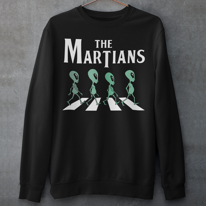 Black sweatshirt of 4 aliens crossing a road and text THE MARTIANS.