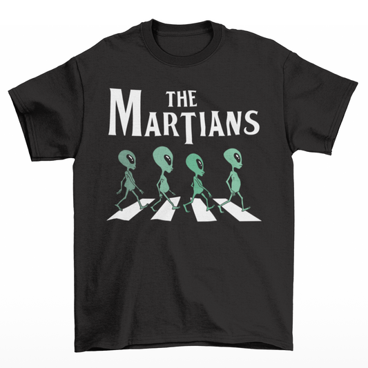 Black t-shirt of 4 aliens crossing a road with text "THE MARTIANS".