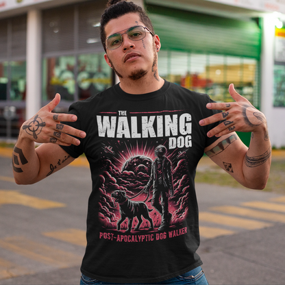 Introducing our "The Walking Dog" t-shirt, a unique and humorous take on the post-apocalyptic world! This eye-catching design features a determined zombie, dressed in tattered remnants of its former life, strolling through a desolate landscape with a loyal canine companion on a leash. Above this vivid illustration, the bold text "THE WALKING DOG" sets the scene, while below, the phrase "POST-APOCALYPTIC DOG WALKER" adds a touch of irony and wit.