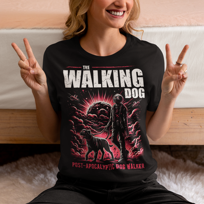 Introducing our "The Walking Dog" t-shirt, a unique and humorous take on the post-apocalyptic world! This eye-catching design features a determined zombie, dressed in tattered remnants of its former life, strolling through a desolate landscape with a loyal canine companion on a leash. Above this vivid illustration, the bold text "THE WALKING DOG" sets the scene, while below, the phrase "POST-APOCALYPTIC DOG WALKER" adds a touch of irony and wit.