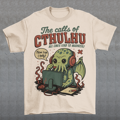 Answer the call of cosmic chaos with this irresistibly cute Cthulhu t-shirt, where eldritch horror meets everyday office despair. Featuring everyone’s favorite ancient entity manning a help desk, headset on and sanity slipping, this design jokes that all lines eventually lead to madness. Soft, comfy, and packed with dark humor, it’s perfect for Lovecraft fans, RPG players, horror geeks, and anyone who’s ever worked customer support and stared into the abyss.