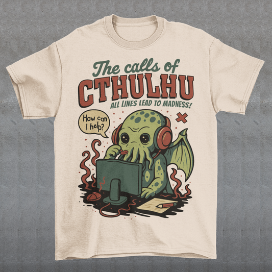 Answer the call of cosmic chaos with this irresistibly cute Cthulhu t-shirt, where eldritch horror meets everyday office despair. Featuring everyone’s favorite ancient entity manning a help desk, headset on and sanity slipping, this design jokes that all lines eventually lead to madness. Soft, comfy, and packed with dark humor, it’s perfect for Lovecraft fans, RPG players, horror geeks, and anyone who’s ever worked customer support and stared into the abyss.