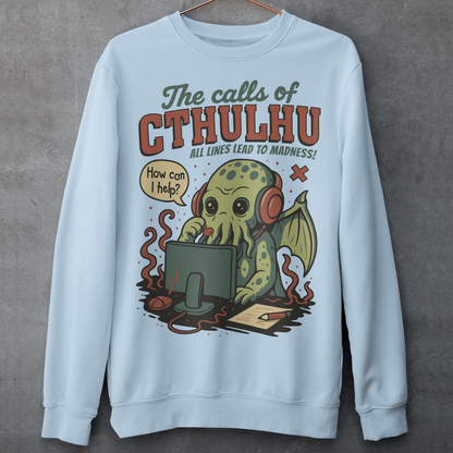 Answer the call of cosmic chaos with this irresistibly cute Cthulhu sweatshirt, where eldritch horror meets everyday office despair. Featuring everyone’s favorite ancient entity manning a help desk, headset on and sanity slipping, this design jokes that all lines eventually lead to madness. Soft, comfy, and packed with dark humor, it’s perfect for Lovecraft fans, RPG players, horror geeks, and anyone who’s ever worked customer support and stared into the abyss.