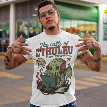 Answer the call of cosmic chaos with this irresistibly cute Cthulhu t-shirt, where eldritch horror meets everyday office despair. Featuring everyone’s favorite ancient entity manning a help desk, headset on and sanity slipping, this design jokes that all lines eventually lead to madness. Soft, comfy, and packed with dark humor, it’s perfect for Lovecraft fans, RPG players, horror geeks, and anyone who’s ever worked customer support and stared into the abyss.
