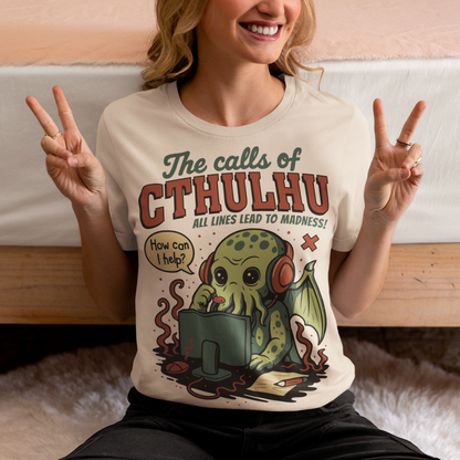 Answer the call of cosmic chaos with this irresistibly cute Cthulhu t-shirt, where eldritch horror meets everyday office despair. Featuring everyone’s favorite ancient entity manning a help desk, headset on and sanity slipping, this design jokes that all lines eventually lead to madness. Soft, comfy, and packed with dark humor, it’s perfect for Lovecraft fans, RPG players, horror geeks, and anyone who’s ever worked customer support and stared into the abyss.