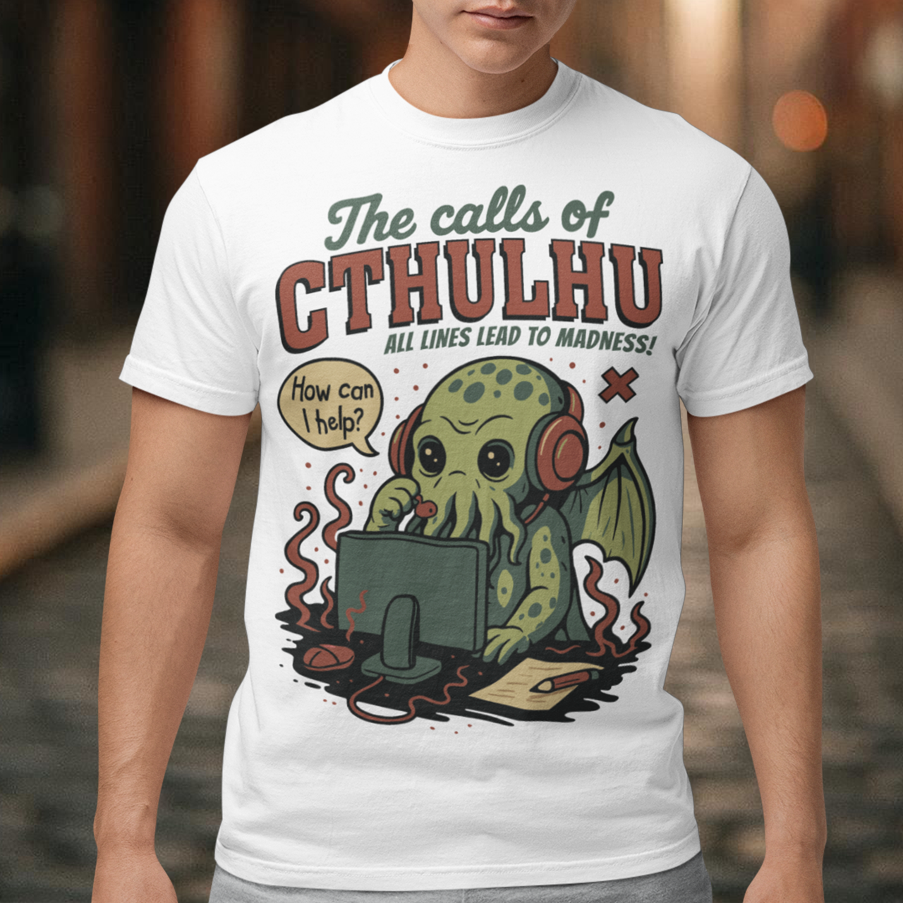 Answer the call of cosmic chaos with this irresistibly cute Cthulhu t-shirt, where eldritch horror meets everyday office despair. Featuring everyone’s favorite ancient entity manning a help desk, headset on and sanity slipping, this design jokes that all lines eventually lead to madness. Soft, comfy, and packed with dark humor, it’s perfect for Lovecraft fans, RPG players, horror geeks, and anyone who’s ever worked customer support and stared into the abyss.