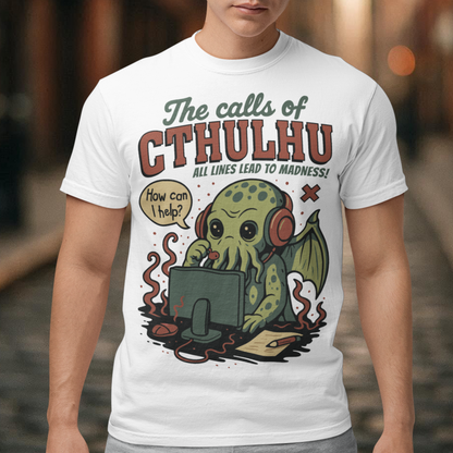 Answer the call of cosmic chaos with this irresistibly cute Cthulhu t-shirt, where eldritch horror meets everyday office despair. Featuring everyone’s favorite ancient entity manning a help desk, headset on and sanity slipping, this design jokes that all lines eventually lead to madness. Soft, comfy, and packed with dark humor, it’s perfect for Lovecraft fans, RPG players, horror geeks, and anyone who’s ever worked customer support and stared into the abyss.
