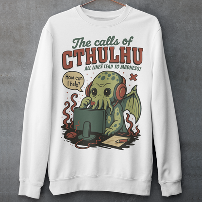 Answer the call of cosmic chaos with this irresistibly cute Cthulhu sweatshirt, where eldritch horror meets everyday office despair. Featuring everyone’s favorite ancient entity manning a help desk, headset on and sanity slipping, this design jokes that all lines eventually lead to madness. Soft, comfy, and packed with dark humor, it’s perfect for Lovecraft fans, RPG players, horror geeks, and anyone who’s ever worked customer support and stared into the abyss.