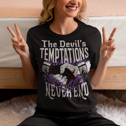 Introducing our captivating and thought-provoking t-shirt design, where symbolism and bold imagery converge to convey a powerful message. Embrace the allure of the mysterious with our "The Devil's Temptations Never End" t-shirt. At the center of this design, you'll find a mesmerizing illustration capturing a gripping moment between a hand and the Devil's hand.