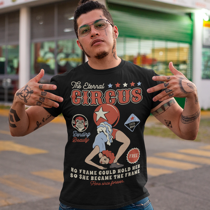 Step into the surreal with our "Contortionist – The Eternal Circus" t-shirt. Featuring a hauntingly elegant contortionist twisted into an impossible pose, this design captures the mystique and wonder of a timeless spectacle. Above the figure, bold vintage lettering proclaims THE ETERNAL CIRCUS — a nod to a show that never ends, where beauty bends and reality blurs.