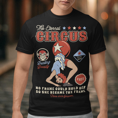 Step into the surreal with our "Contortionist – The Eternal Circus" t-shirt. Featuring a hauntingly elegant contortionist twisted into an impossible pose, this design captures the mystique and wonder of a timeless spectacle. Above the figure, bold vintage lettering proclaims THE ETERNAL CIRCUS — a nod to a show that never ends, where beauty bends and reality blurs.