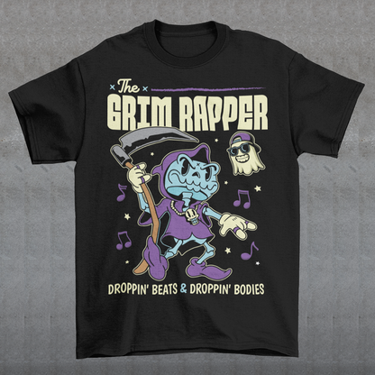 Introducing our electrifying "The Grim Rapper" T-shirt – a fusion of humor, music, and the afterlife that will make heads turn and beats drop! This exclusive design features a lively cartoon rendition of the Grim Reaper, decked out in rap gear confidently dropping rhymes. Surrounding the Grim Rapper are playful musical notes that dance in harmony with the rhythm. Above the charismatic cartoon character, bold text proudly declares, "THE GRIM RAPPER."