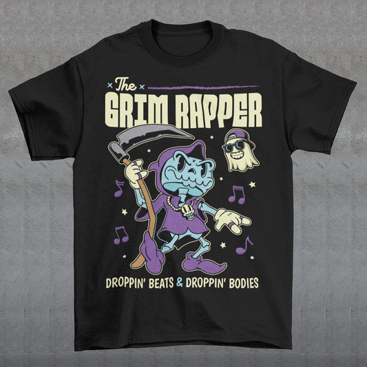 Introducing our electrifying "The Grim Rapper" T-shirt – a fusion of humor, music, and the afterlife that will make heads turn and beats drop! This exclusive design features a lively cartoon rendition of the Grim Reaper, decked out in rap gear confidently dropping rhymes. Surrounding the Grim Rapper are playful musical notes that dance in harmony with the rhythm. Above the charismatic cartoon character, bold text proudly declares, "THE GRIM RAPPER."