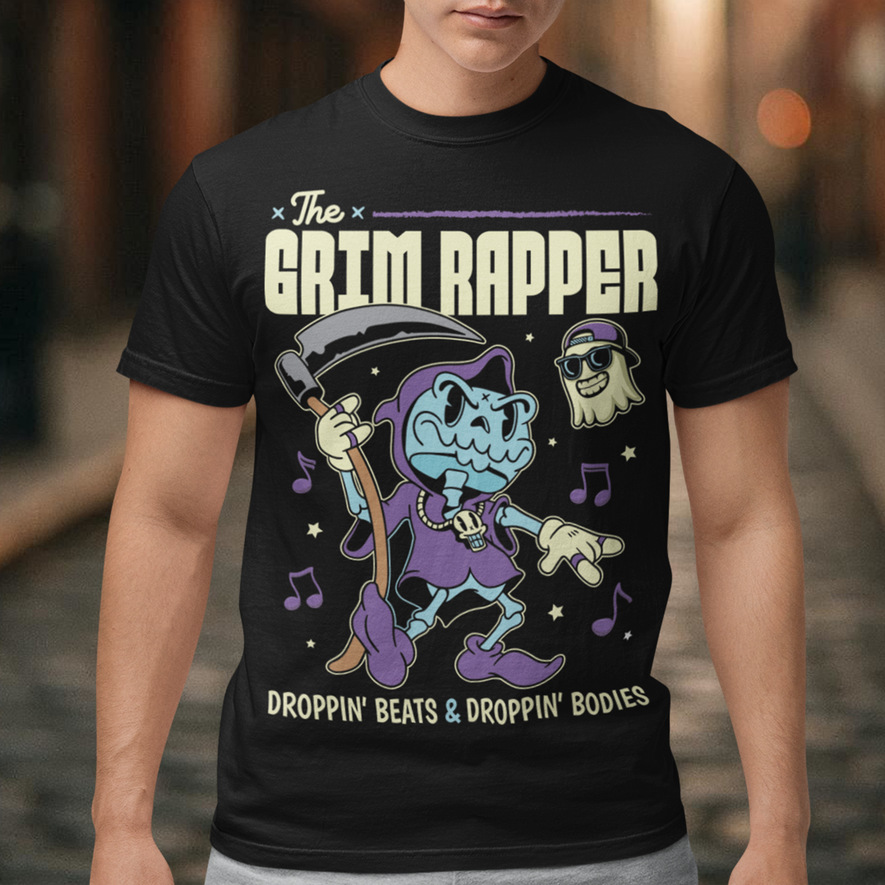 Introducing our electrifying "The Grim Rapper" T-shirt – a fusion of humor, music, and the afterlife that will make heads turn and beats drop! This exclusive design features a lively cartoon rendition of the Grim Reaper, decked out in rap gear confidently dropping rhymes. Surrounding the Grim Rapper are playful musical notes that dance in harmony with the rhythm. Above the charismatic cartoon character, bold text proudly declares, "THE GRIM RAPPER."