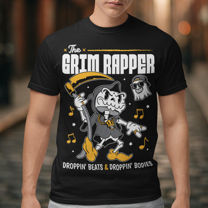 Introducing our electrifying "The Grim Rapper" T-shirt – a fusion of humor, music, and the afterlife that will make heads turn and beats drop! This exclusive design features a lively cartoon rendition of the Grim Reaper, decked out in rap gear confidently dropping rhymes. Surrounding the Grim Rapper are playful musical notes that dance in harmony with the rhythm. Above the charismatic cartoon character, bold text proudly declares, "THE GRIM RAPPER."