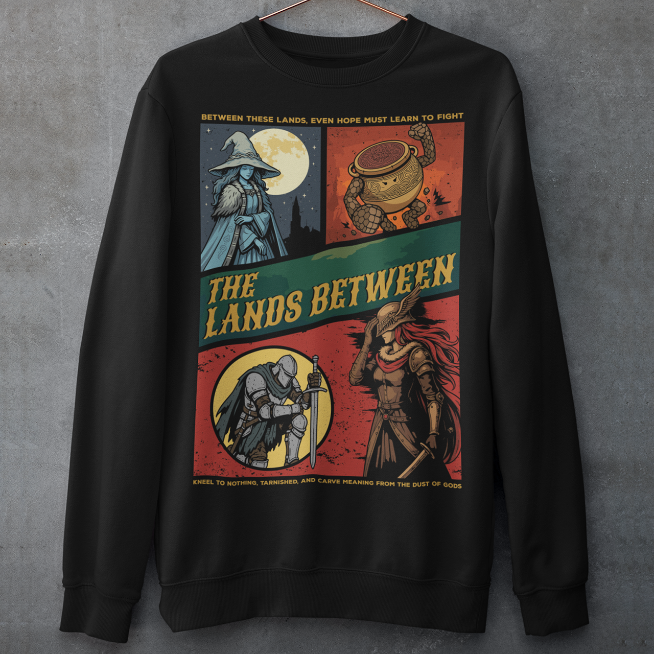 Elden Ring The Lands Between Sweatshirt. This black t-shirt brings the haunting beauty of The Lands Between to life with a bold, comic-style layout inspired by dark fantasy and epic RPG worlds. Divided panels showcase iconic archetypes, a moonlit sorceress, a living vessel of power, a fallen knight, and a battle-worn warrior, all tied together by rich, weathered colors and dramatic linework. The sweeping title across the center gives it the feel of a mythic saga captured on fabric.