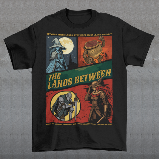Elden Ring The Lands Between T-Shirt. This black t-shirt brings the haunting beauty of The Lands Between to life with a bold, comic-style layout inspired by dark fantasy and epic RPG worlds. Divided panels showcase iconic archetypes, a moonlit sorceress, a living vessel of power, a fallen knight, and a battle-worn warrior, all tied together by rich, weathered colors and dramatic linework. The sweeping title across the center gives it the feel of a mythic saga captured on fabric. 