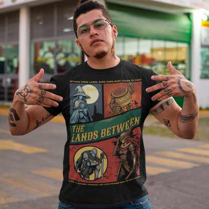 Elden Ring The Lands Between T-Shirt. This black t-shirt brings the haunting beauty of The Lands Between to life with a bold, comic-style layout inspired by dark fantasy and epic RPG worlds. Divided panels showcase iconic archetypes, a moonlit sorceress, a living vessel of power, a fallen knight, and a battle-worn warrior, all tied together by rich, weathered colors and dramatic linework. The sweeping title across the center gives it the feel of a mythic saga captured on fabric.