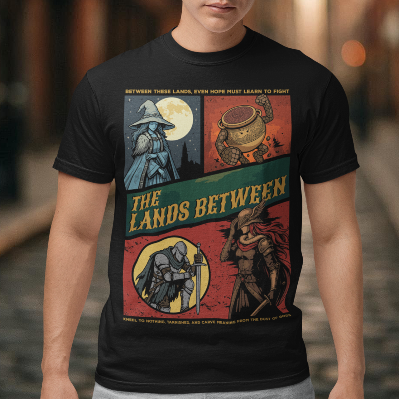 Elden Ring The Lands Between T-Shirt. This black t-shirt brings the haunting beauty of The Lands Between to life with a bold, comic-style layout inspired by dark fantasy and epic RPG worlds. Divided panels showcase iconic archetypes, a moonlit sorceress, a living vessel of power, a fallen knight, and a battle-worn warrior, all tied together by rich, weathered colors and dramatic linework. The sweeping title across the center gives it the feel of a mythic saga captured on fabric.