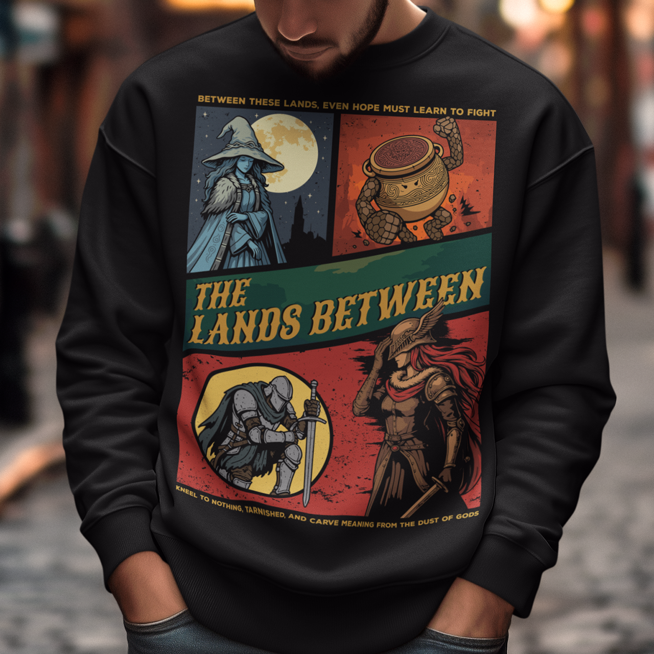 Elden Ring The Lands Between Sweatshirt. This black t-shirt brings the haunting beauty of The Lands Between to life with a bold, comic-style layout inspired by dark fantasy and epic RPG worlds. Divided panels showcase iconic archetypes, a moonlit sorceress, a living vessel of power, a fallen knight, and a battle-worn warrior, all tied together by rich, weathered colors and dramatic linework. The sweeping title across the center gives it the feel of a mythic saga captured on fabric.