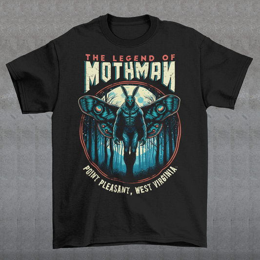 This captivating t-shirt features a striking illustration of Mothman, the legendary cryptid, standing mysteriously in a dense, shadowy forest. The eerie scene captures the essence of folklore, with Mothman's glowing red eyes piercing through the darkness, creating an atmosphere of both intrigue and suspense. Above the enigmatic figure, bold text reads "THE LEGEND OF MOTHMAN," adding to the mystique and allure of this mythical creature.