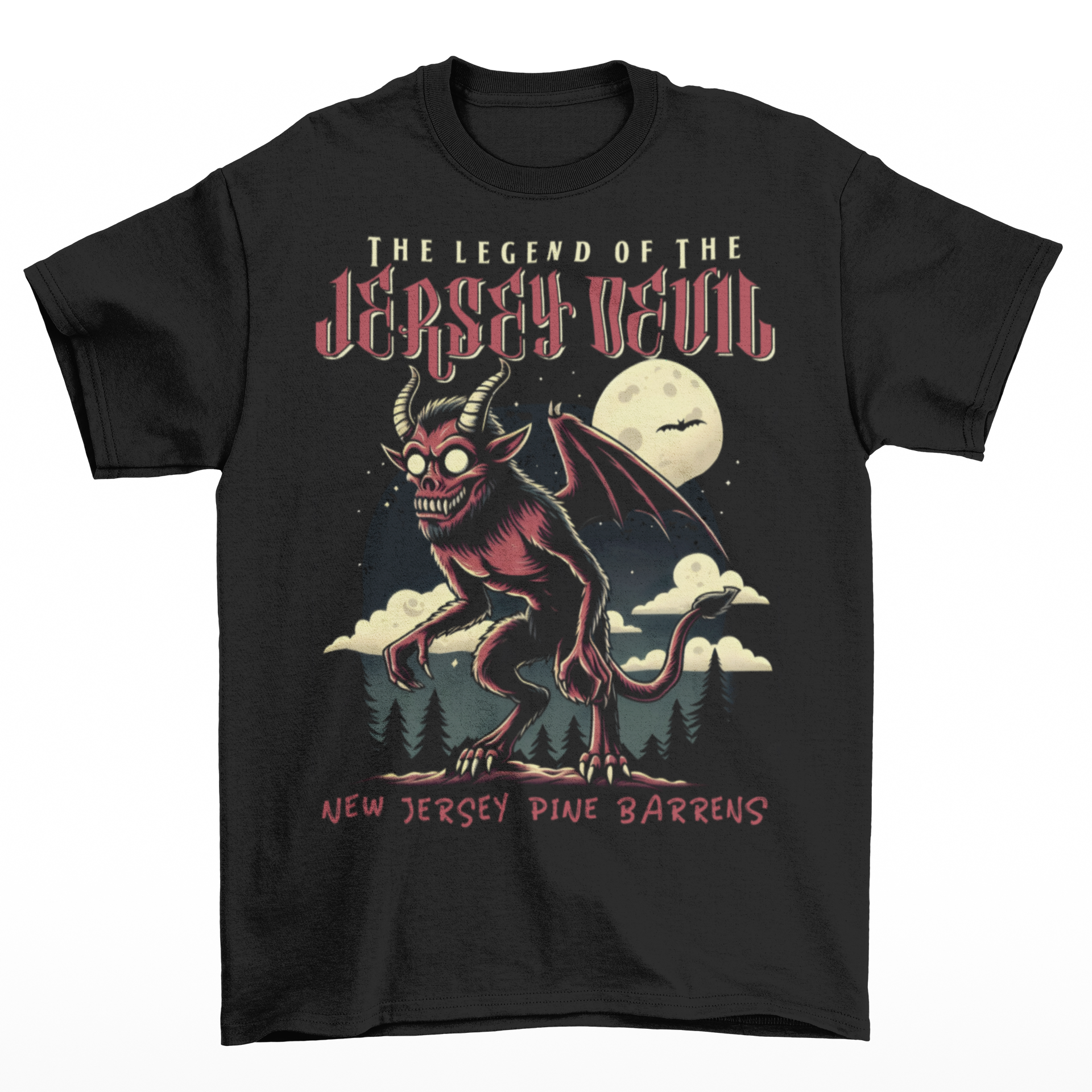 "Embrace the mystery with our Jersey Devil t-shirt! Featuring a striking depiction of the legendary creature , this shirt captures the intrigue and folklore of the New Jersey Pine Barrens. Above, bold letters declare 'THE LEGEND OF THE JERSEY DEVIL,' invoking tales of its enigmatic presence. Below, 'THE NEW JERSEY PINE BARRENS' grounds the design in the eerie beauty of its natural habitat. Wear it to ignite conversations and inspire curiosity about this enduring myth."