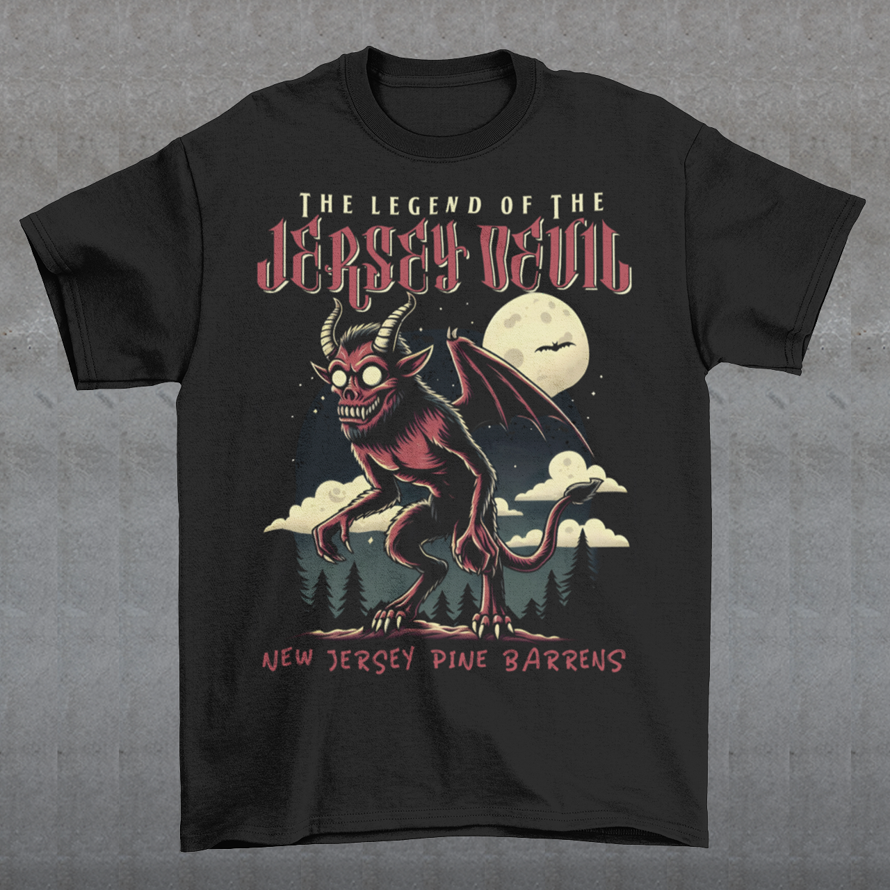 "Embrace the mystery with our Jersey Devil t-shirt! Featuring a striking depiction of the legendary creature , this shirt captures the intrigue and folklore of the New Jersey Pine Barrens. Above, bold letters declare 'THE LEGEND OF THE JERSEY DEVIL,' invoking tales of its enigmatic presence. Below, 'THE NEW JERSEY PINE BARRENS' grounds the design in the eerie beauty of its natural habitat. Wear it to ignite conversations and inspire curiosity about this enduring myth."
