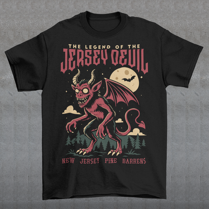 "Embrace the mystery with our Jersey Devil t-shirt! Featuring a striking depiction of the legendary creature , this shirt captures the intrigue and folklore of the New Jersey Pine Barrens. Above, bold letters declare 'THE LEGEND OF THE JERSEY DEVIL,' invoking tales of its enigmatic presence. Below, 'THE NEW JERSEY PINE BARRENS' grounds the design in the eerie beauty of its natural habitat. Wear it to ignite conversations and inspire curiosity about this enduring myth."