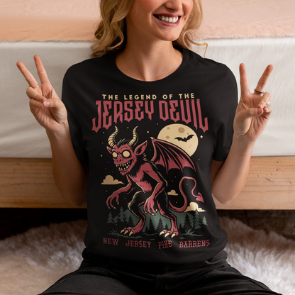 "Embrace the mystery with our Jersey Devil t-shirt! Featuring a striking depiction of the legendary creature , this shirt captures the intrigue and folklore of the New Jersey Pine Barrens. Above, bold letters declare 'THE LEGEND OF THE JERSEY DEVIL,' invoking tales of its enigmatic presence. Below, 'THE NEW JERSEY PINE BARRENS' grounds the design in the eerie beauty of its natural habitat. Wear it to ignite conversations and inspire curiosity about this enduring myth."