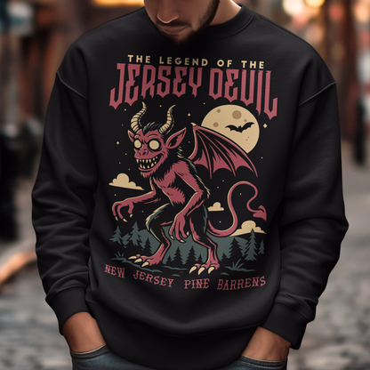 "Embrace the mystery with our Jersey Devil sweatshirt! Featuring a striking depiction of the legendary creature , this shirt captures the intrigue and folklore of the New Jersey Pine Barrens. Above, bold letters declare 'THE LEGEND OF THE JERSEY DEVIL,' invoking tales of its enigmatic presence. Below, 'THE NEW JERSEY PINE BARRENS' grounds the design in the eerie beauty of its natural habitat. Wear it to ignite conversations and inspire curiosity about this enduring myth."