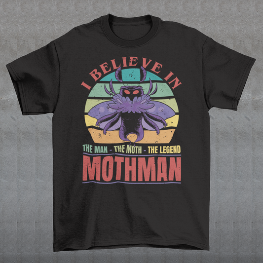 Introducing our legendary Mothman t-shirt, a must-have for believers and enthusiasts alike! Embrace the enigmatic allure of the Mothman phenomenon with this captivating design featuring the iconic cryptid against a retro sun background.