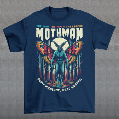 Introducing our exclusive Mothman t-shirt, perfect for fans of cryptid lore and mysterious legends! This shirt features a striking design of the legendary Mothman lurking in a dense, moonlit forest. His glowing red eyes peer through the trees, capturing the eerie essence of the famed creature. Above the haunting image, bold text declares: "THE MAN THE MOTH THE LEGEND MOTHMAN," paying homage to the enigmatic figure who has intrigued generations.