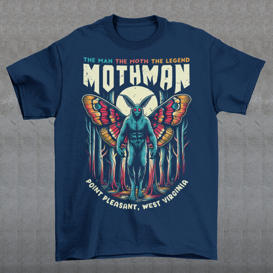 Introducing our exclusive Mothman t-shirt, perfect for fans of cryptid lore and mysterious legends! This shirt features a striking design of the legendary Mothman lurking in a dense, moonlit forest. His glowing red eyes peer through the trees, capturing the eerie essence of the famed creature. Above the haunting image, bold text declares: "THE MAN THE MOTH THE LEGEND MOTHMAN," paying homage to the enigmatic figure who has intrigued generations.