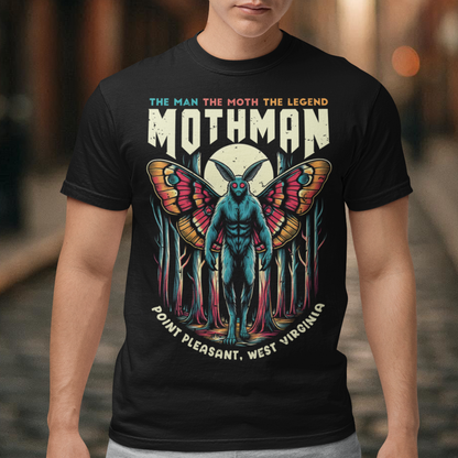 Introducing our exclusive Mothman t-shirt, perfect for fans of cryptid lore and mysterious legends! This shirt features a striking design of the legendary Mothman lurking in a dense, moonlit forest. His glowing red eyes peer through the trees, capturing the eerie essence of the famed creature. Above the haunting image, bold text declares: "THE MAN THE MOTH THE LEGEND MOTHMAN," paying homage to the enigmatic figure who has intrigued generations.