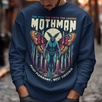 Introducing our exclusive Mothman sweatshirt, perfect for fans of cryptid lore and mysterious legends! This shirt features a striking design of the legendary Mothman lurking in a dense, moonlit forest. His glowing red eyes peer through the trees, capturing the eerie essence of the famed creature. Above the haunting image, bold text declares: "THE MAN THE MOTH THE LEGEND MOTHMAN," paying homage to the enigmatic figure who has intrigued generations.