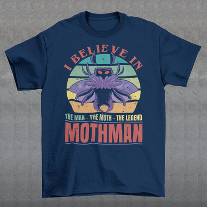 Introducing our legendary Mothman t-shirt, a must-have for believers and enthusiasts alike! Embrace the enigmatic allure of the Mothman phenomenon with this captivating design featuring the iconic cryptid against a retro sun background.