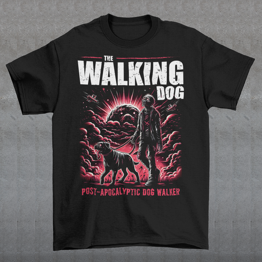 Introducing our "The Walking Dog" t-shirt, a unique and humorous take on the post-apocalyptic world! This eye-catching design features a determined zombie, dressed in tattered remnants of its former life, strolling through a desolate landscape with a loyal canine companion on a leash. Above this vivid illustration, the bold text "THE WALKING DOG" sets the scene, while below, the phrase "POST-APOCALYPTIC DOG WALKER" adds a touch of irony and wit.