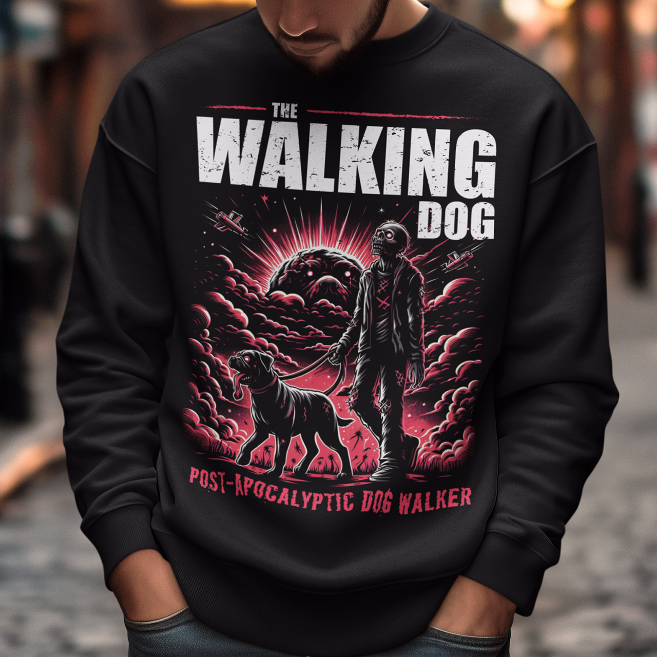 Introducing our "The Walking Dog" Sweatshirt, a unique and humorous take on the post-apocalyptic world! This eye-catching design features a determined zombie, dressed in tattered remnants of its former life, strolling through a desolate landscape with a loyal canine companion on a leash. Above this vivid illustration, the bold text "THE WALKING DOG" sets the scene, while below, the phrase "POST-APOCALYPTIC DOG WALKER" adds a touch of irony and wit.