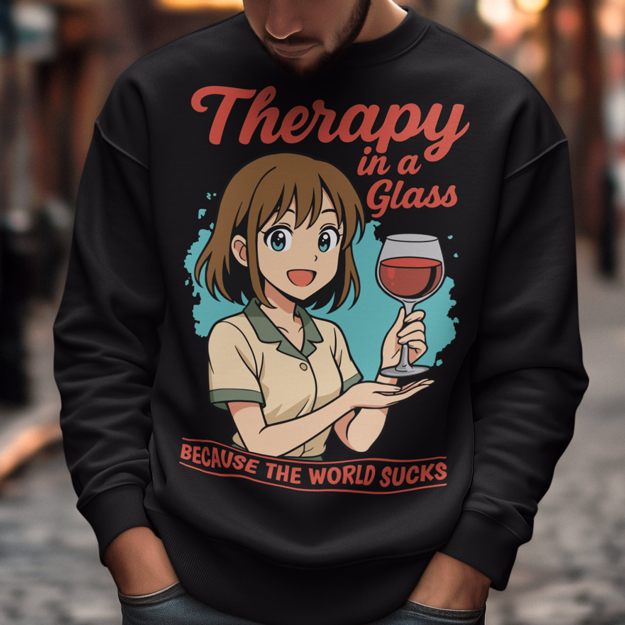 Black sweatshirt featuring an anime-style girl smiling and holding a glass of red wine. The design includes the text “Therapy in a glass” at the top and “because the world sucks” at the bottom. The illustration uses soft colors with a teal background accent, combining cute anime aesthetics with sarcastic humor about wine and stress relief.