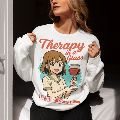 White sweatshirt featuring an anime-style girl smiling and holding a glass of red wine. The design includes the text “Therapy in a glass” at the top and “because the world sucks” at the bottom. The illustration uses soft colors with a teal background accent, combining cute anime aesthetics with sarcastic humor about wine and stress relief.