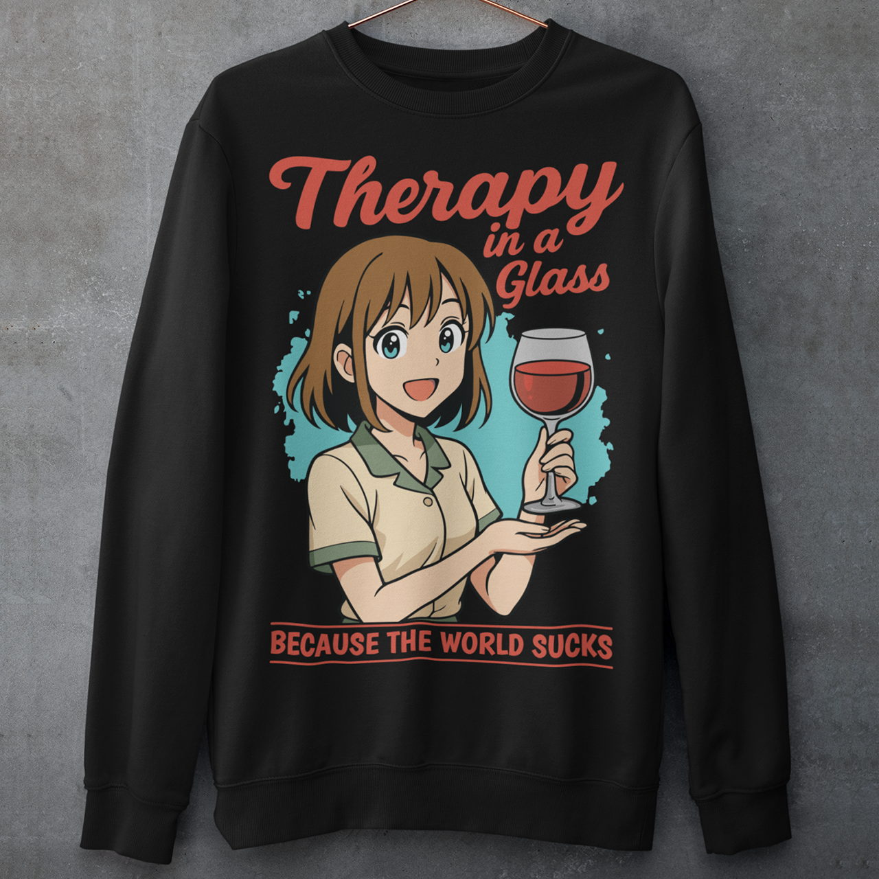 Black sweatshirt featuring an anime-style girl smiling and holding a glass of red wine. The design includes the text “Therapy in a glass” at the top and “because the world sucks” at the bottom. The illustration uses soft colors with a teal background accent, combining cute anime aesthetics with sarcastic humor about wine and stress relief.