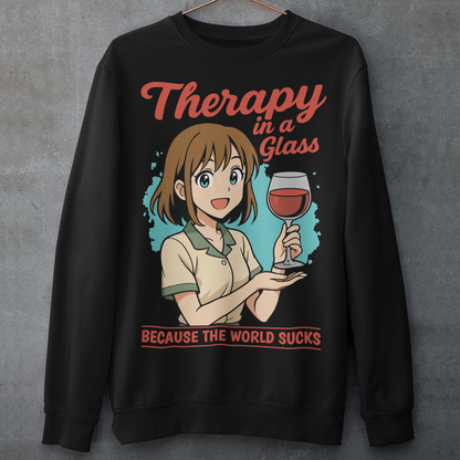 Black sweatshirt featuring an anime-style girl smiling and holding a glass of red wine. The design includes the text “Therapy in a glass” at the top and “because the world sucks” at the bottom. The illustration uses soft colors with a teal background accent, combining cute anime aesthetics with sarcastic humor about wine and stress relief.