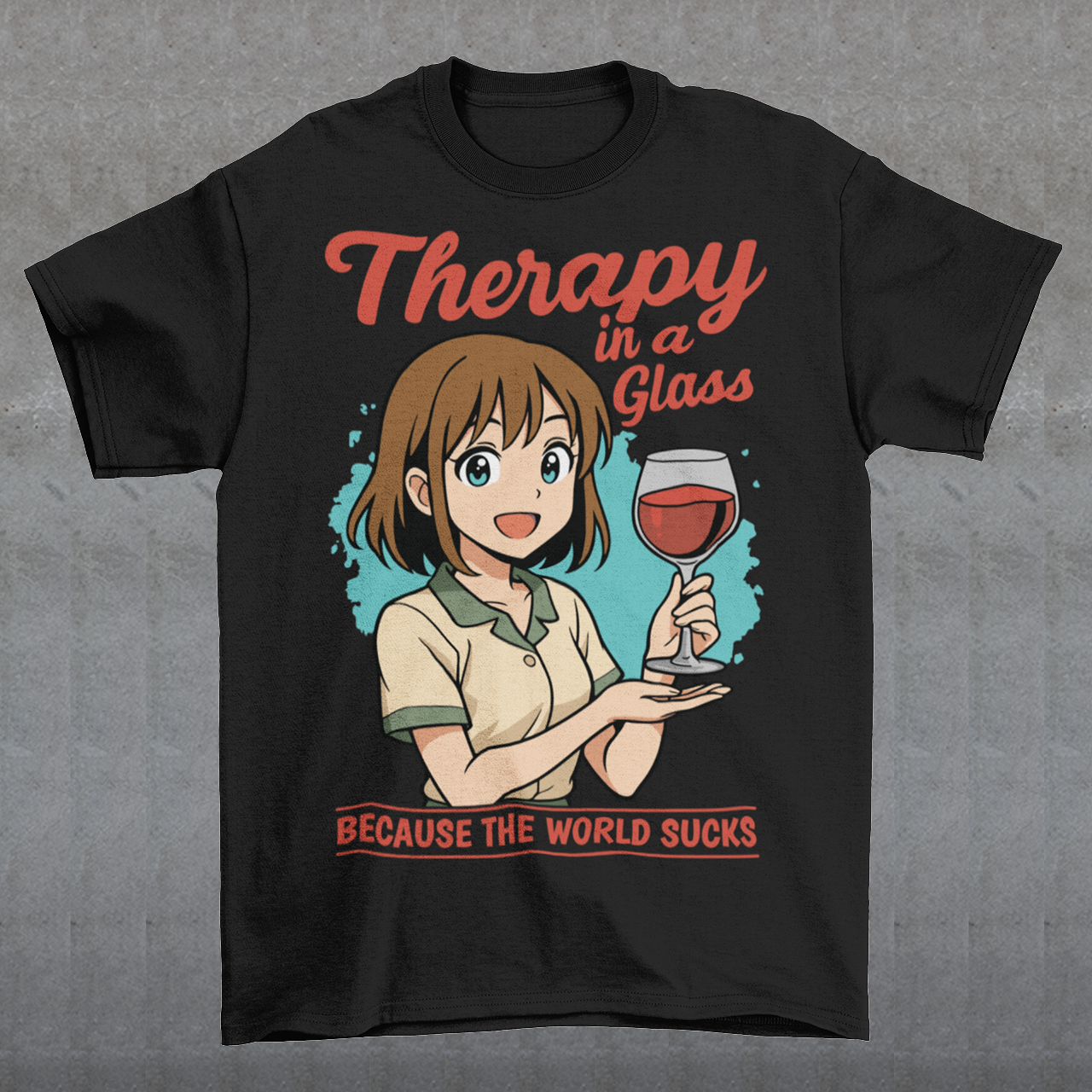 Black t-shirt featuring an anime-style girl smiling and holding a glass of red wine. The design includes the text “Therapy in a glass” at the top and “because the world sucks” at the bottom. The illustration uses soft colors with a teal background accent, combining cute anime aesthetics with sarcastic humor about wine and stress relief.