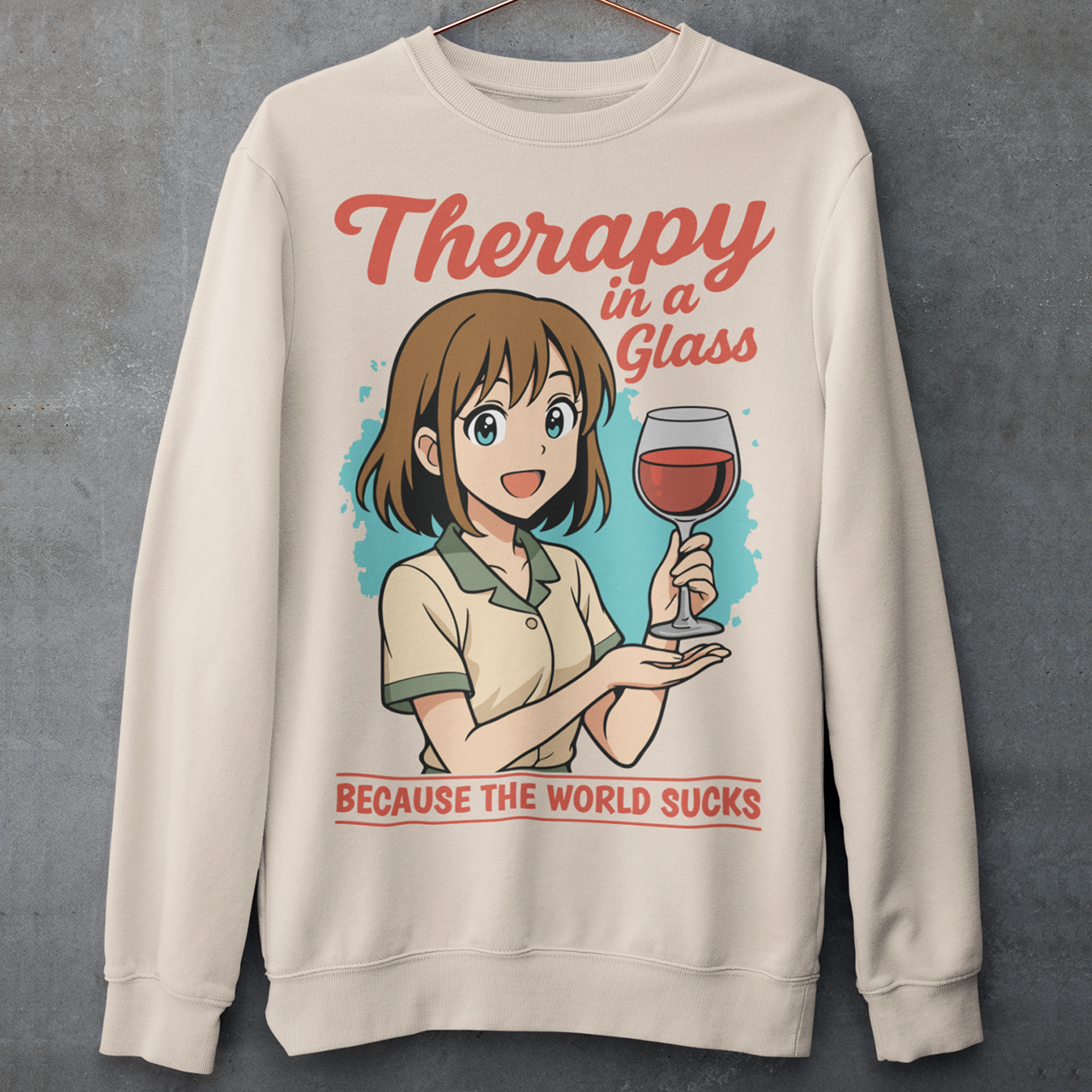 Beige sweatshirt featuring an anime-style girl smiling and holding a glass of red wine. The design includes the text “Therapy in a glass” at the top and “because the world sucks” at the bottom. The illustration uses soft colors with a teal background accent, combining cute anime aesthetics with sarcastic humor about wine and stress relief.