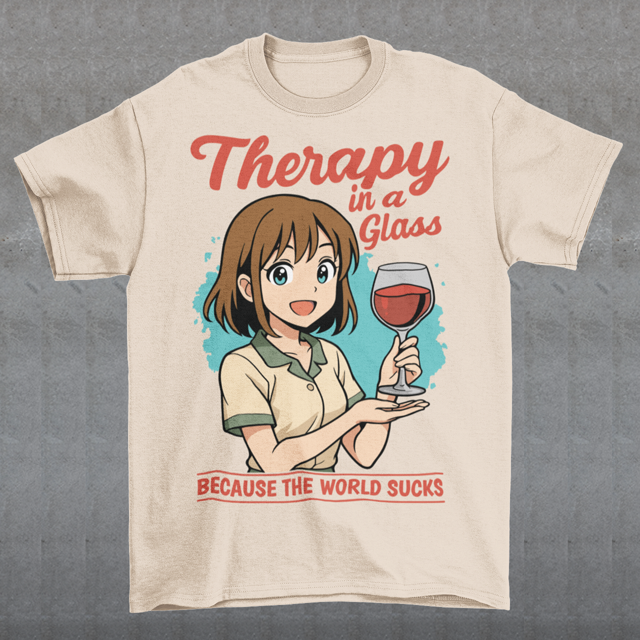 Beige t-shirt featuring an anime-style girl smiling and holding a glass of red wine. The design includes the text “Therapy in a glass” at the top and “because the world sucks” at the bottom. The illustration uses soft colors with a teal background accent, combining cute anime aesthetics with sarcastic humor about wine and stress relief.