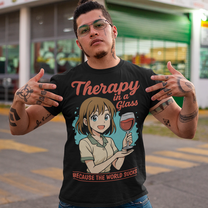 Black t-shirt featuring an anime-style girl smiling and holding a glass of red wine. The design includes the text “Therapy in a glass” at the top and “because the world sucks” at the bottom. The illustration uses soft colors with a teal background accent, combining cute anime aesthetics with sarcastic humor about wine and stress relief.