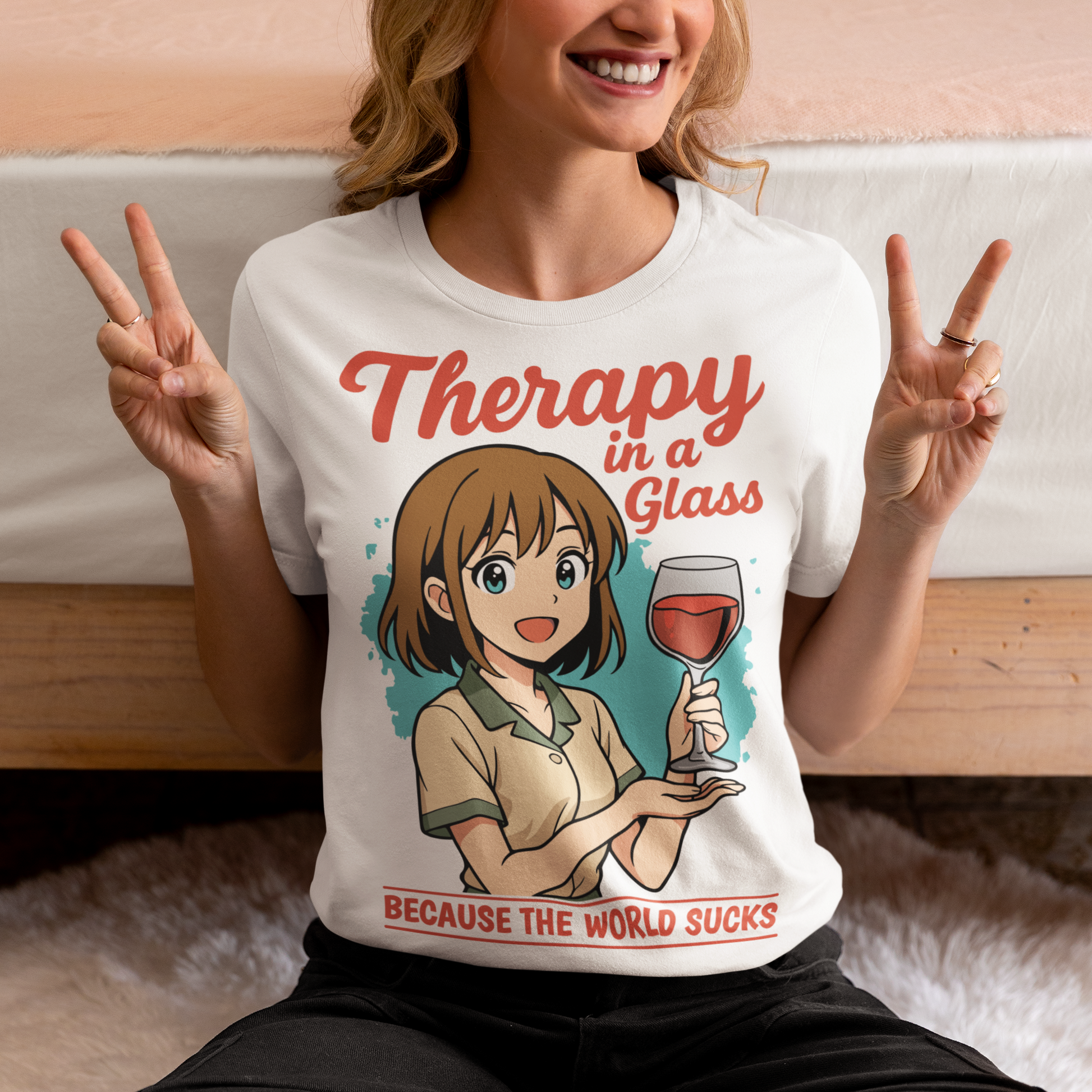White t-shirt featuring an anime-style girl smiling and holding a glass of red wine. The design includes the text “Therapy in a glass” at the top and “because the world sucks” at the bottom. The illustration uses soft colors with a teal background accent, combining cute anime aesthetics with sarcastic humor about wine and stress relief.