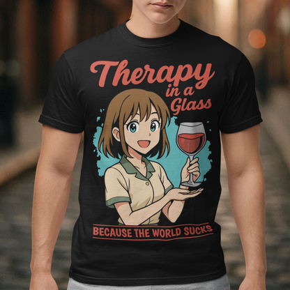 Black t-shirt featuring an anime-style girl smiling and holding a glass of red wine. The design includes the text “Therapy in a glass” at the top and “because the world sucks” at the bottom. The illustration uses soft colors with a teal background accent, combining cute anime aesthetics with sarcastic humor about wine and stress relief.